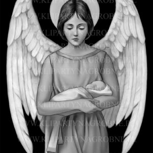 Anioł trzymający dziecko grawer w kamieniu